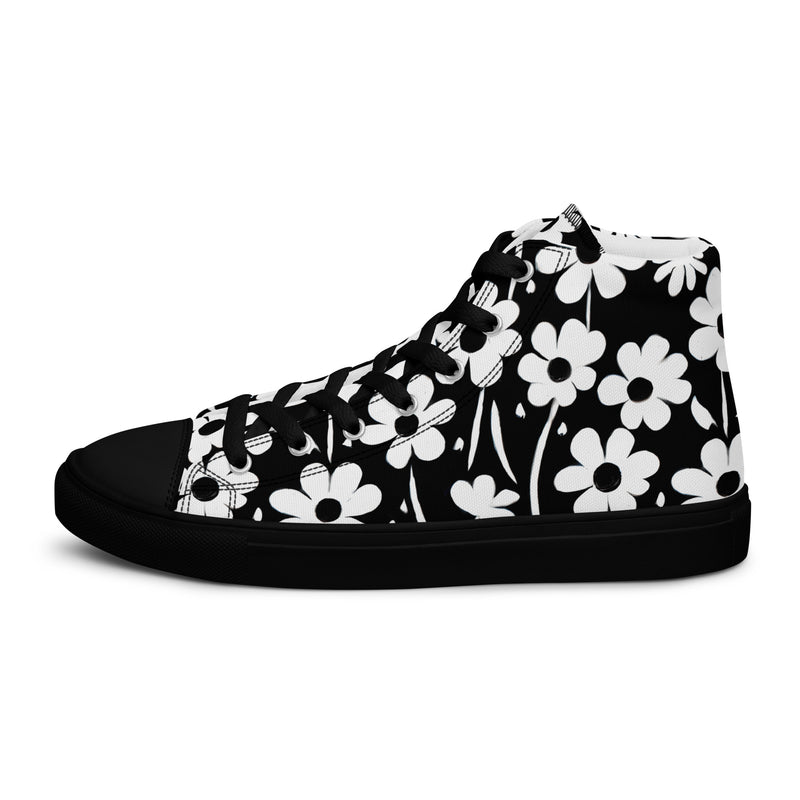 Black Daisy High Top #139 - Angled View | HA!LO Canvas Sneakers