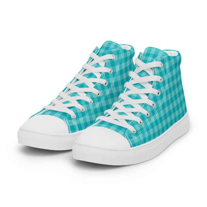 Teal Gingham High Top #200 - Back View | HA!LO Canvas Sneakers