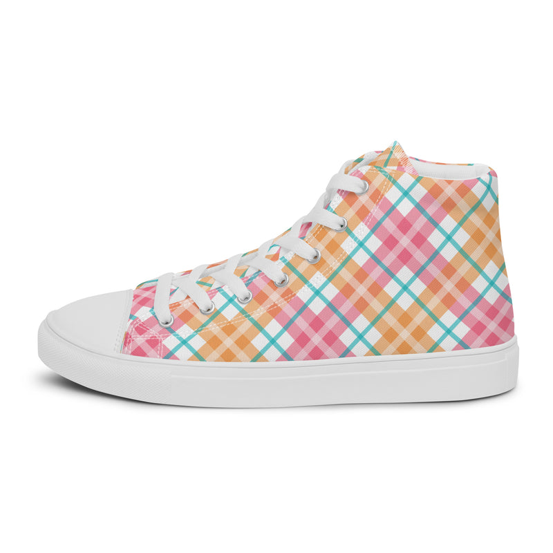 Rainbow Plaid High Top #202 - Angled View | HA!LO Canvas Sneakers