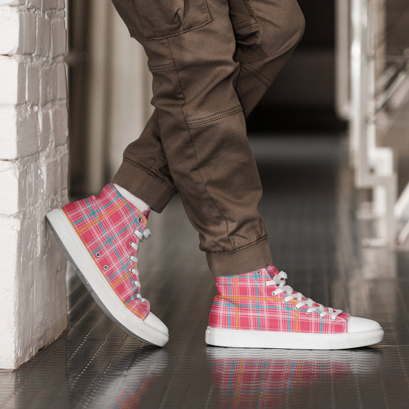 Coral Plaid High Top #203 - Opposite Side | HA!LO Canvas Sneakers