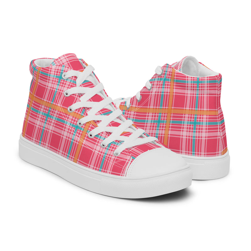 Coral Plaid High Top #203 - Top Down View | HA!LO Canvas Sneakers