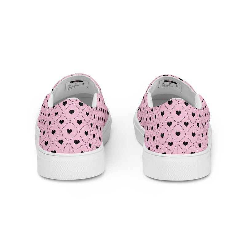 Pink Heart Polka Slip-On #64 - Angled View | HA!LO Canvas Sneakers