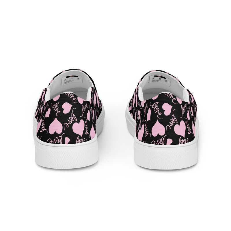 Pink Heart Dark Slip-On #65 - Angled View | HA!LO Canvas Sneakers