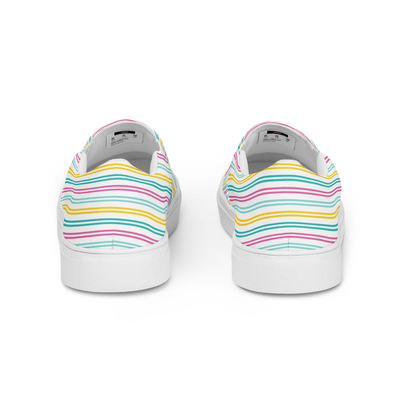 Pastel Rainbow Stripe Slip-On #77 - Angled View | HA!LO Canvas Sneakers
