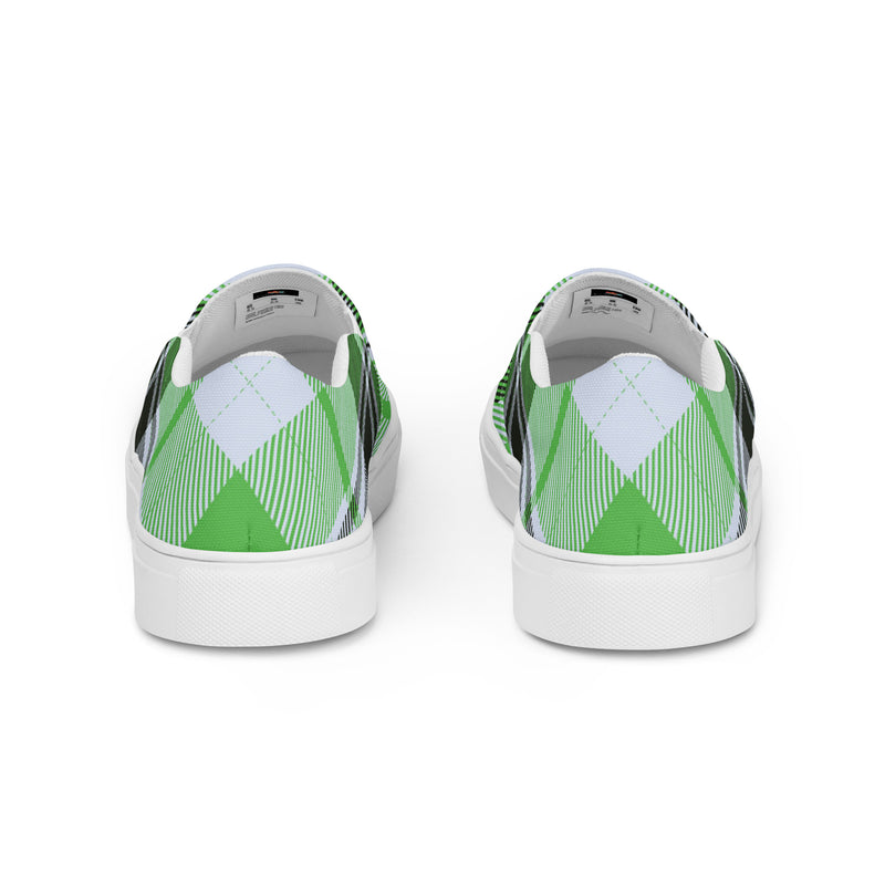 Green Plaid Slip-On #87 - Angled View | HA!LO Canvas Sneakers