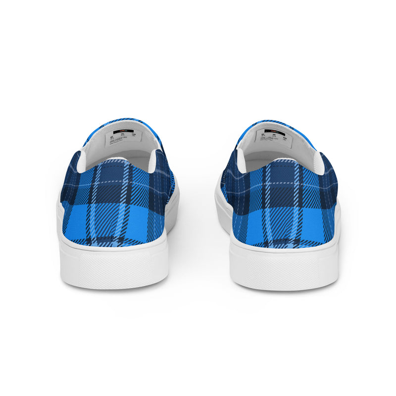 Royal Blue Plaid Slip-On #88 - Angled View | HA!LO Canvas Sneakers