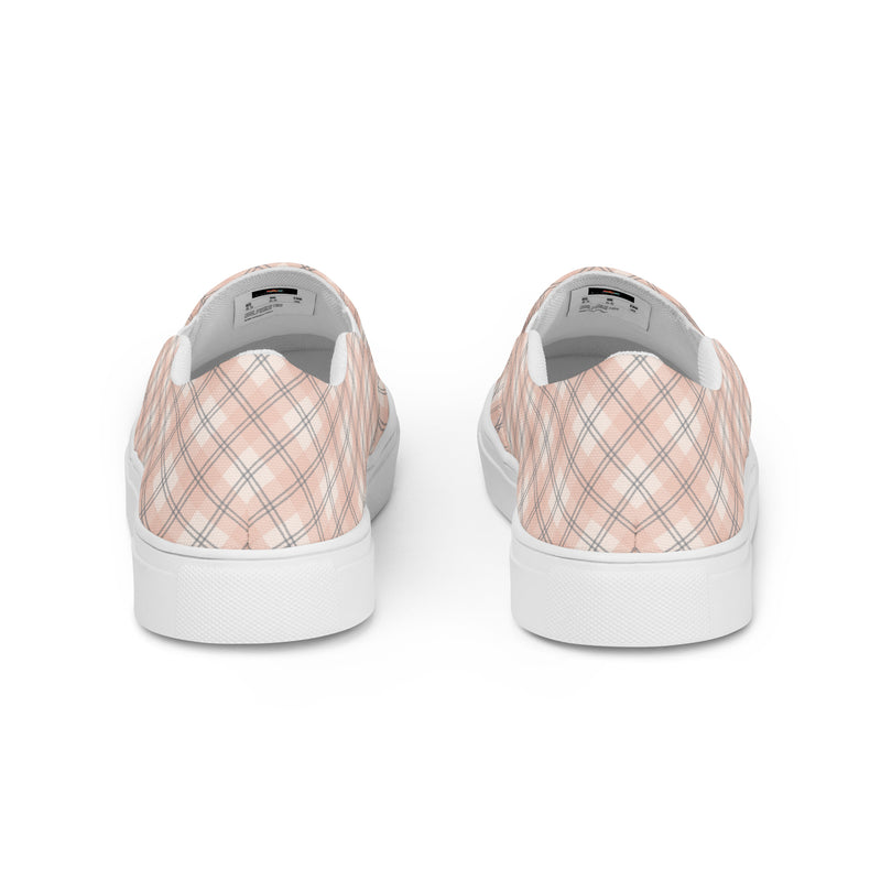 Blush Plaid Slip-On #90 - Angled View | HA!LO Canvas Sneakers