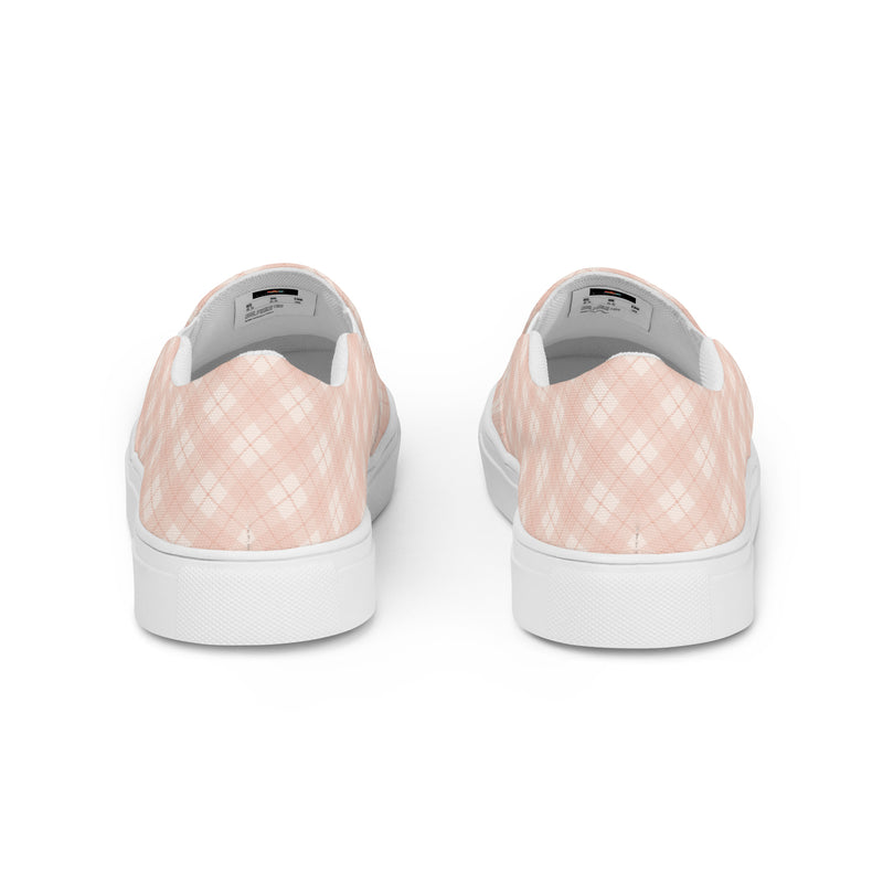 Peach Plaid Slip-On #99 - Angled View | HA!LO Canvas Sneakers