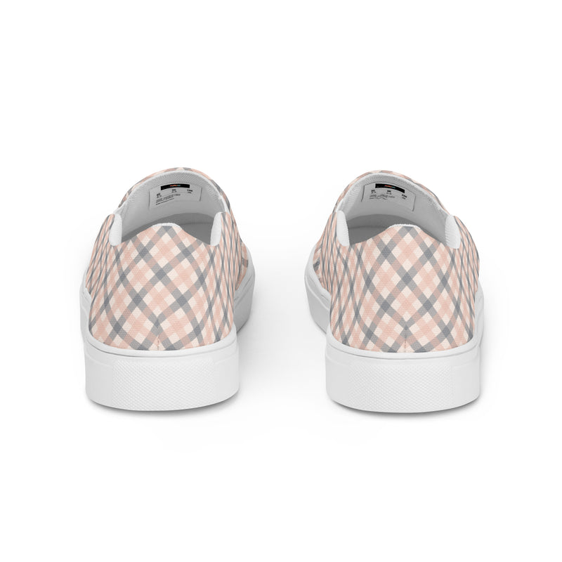 Blush Grid Slip-On #100 - Angled View | HA!LO Canvas Sneakers