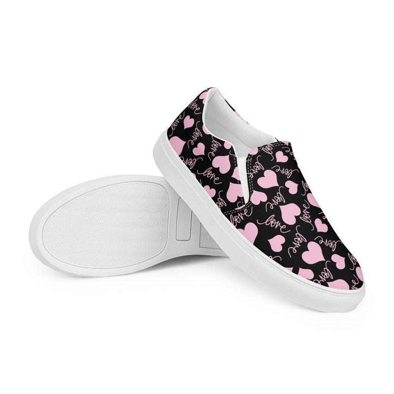 Pink Heart Dark Slip-On #65 - Front View | HA!LO Canvas Sneakers