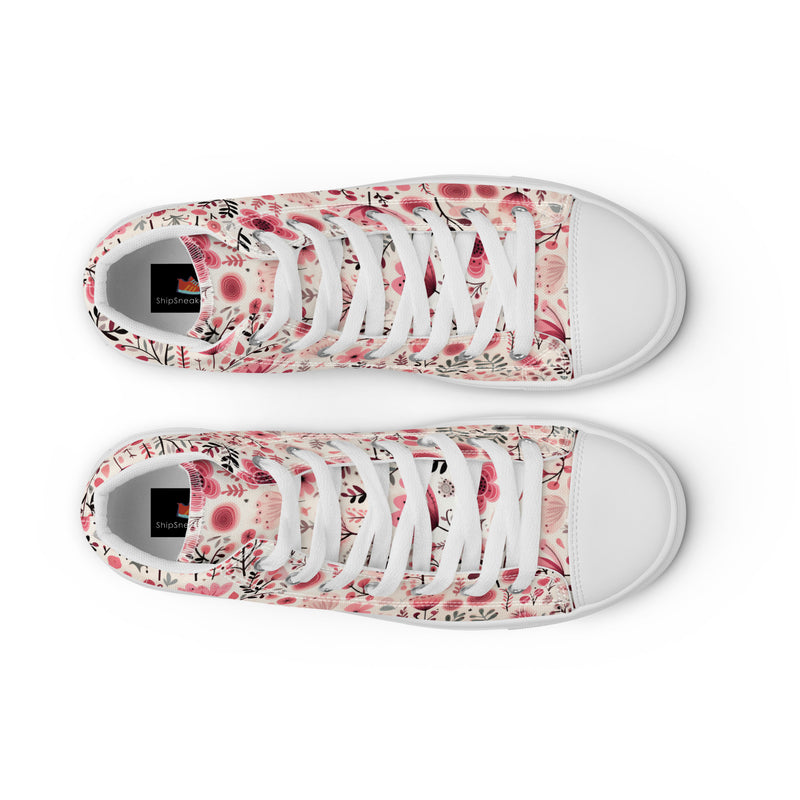 Pink Floral Heart High Top #313 - Angled View | HA!LO Canvas Sneakers