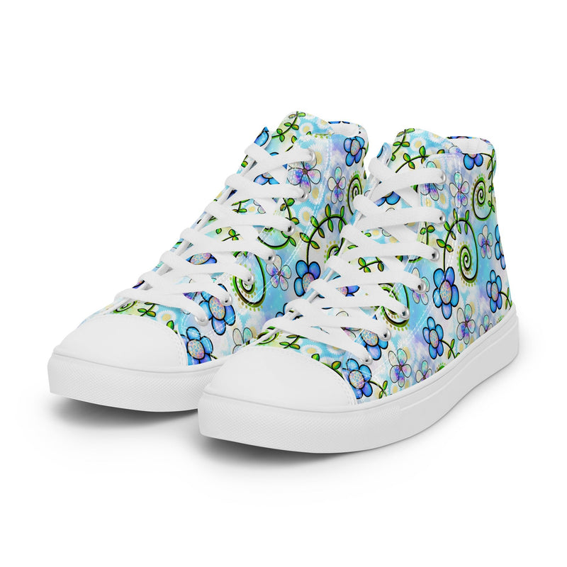 Blue Flower Doodle High Top #154 - Back View | HA!LO Canvas Sneakers