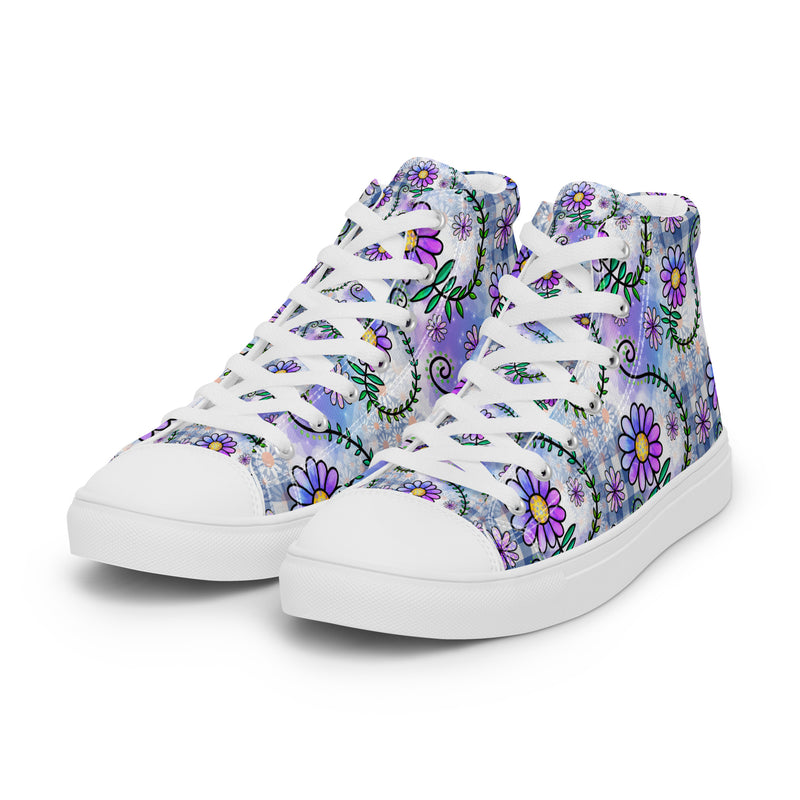 Purple Daisy Doodle High Top #156 - Back View | HA!LO Canvas Sneakers