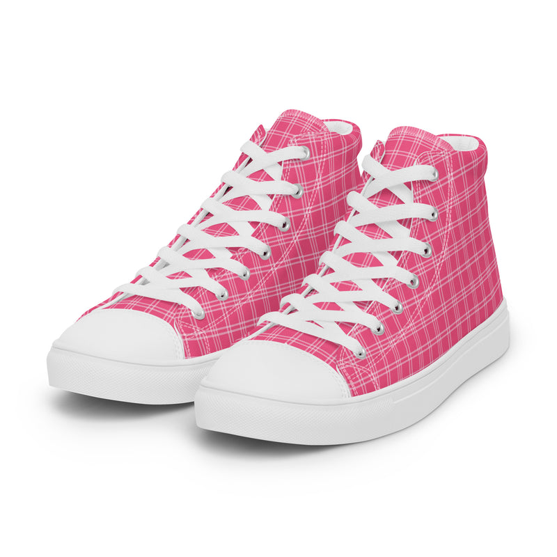 Hot Pink Plaid High Top #221 - Front View | HA!LO Canvas Sneakers