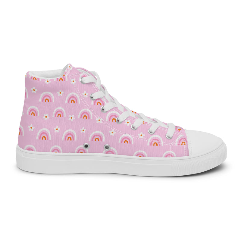 Pink Rainbow High Top #123 - Angled View | HA!LO Canvas Sneakers