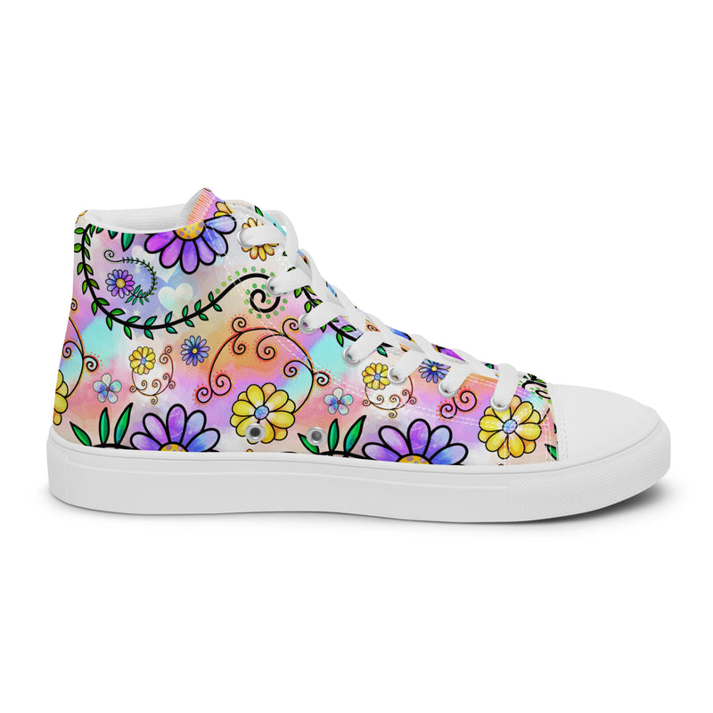 Purple Daisy Garden High Top #151 - Angled View | HA!LO Canvas Sneakers