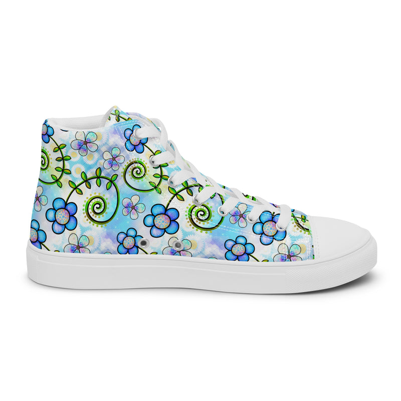 Blue Flower Doodle High Top #154 - Angled View | HA!LO Canvas Sneakers