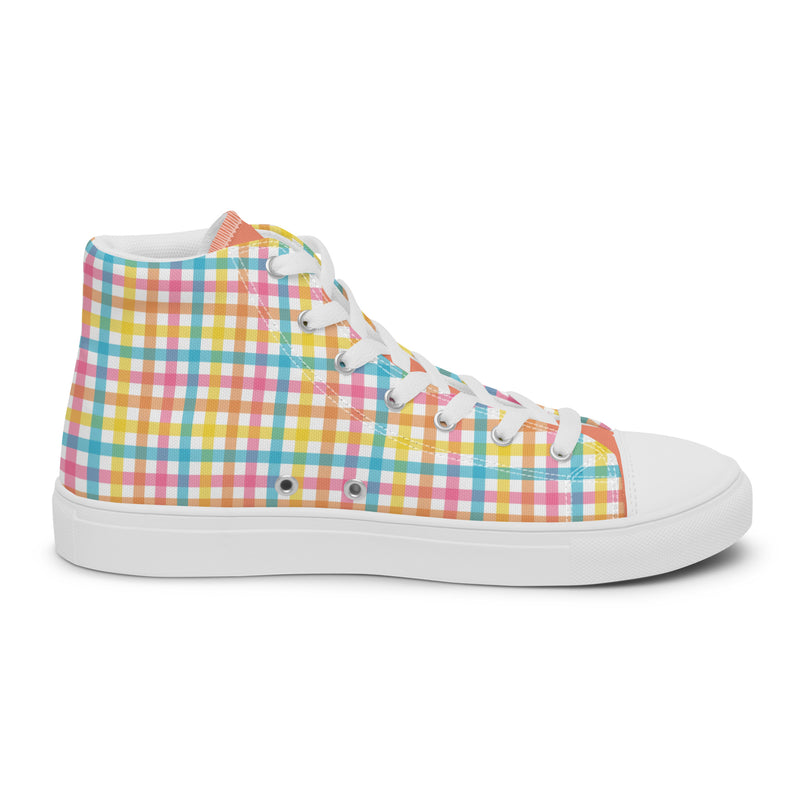 Rainbow Plaid High Top #227 - Angled View | HA!LO Canvas Sneakers