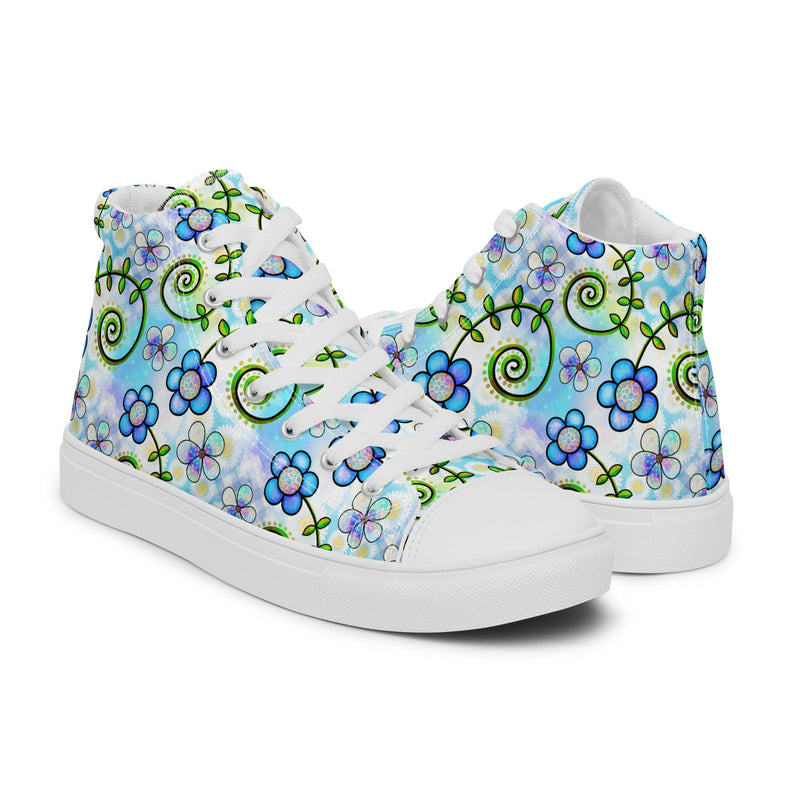 Blue Flower Doodle High Top #154 - Top Down View | HA!LO Canvas Sneakers