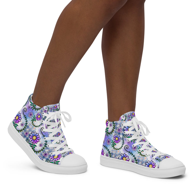 Purple Daisy Doodle High Top #156 - Opposite Side | HA!LO Canvas Sneakers