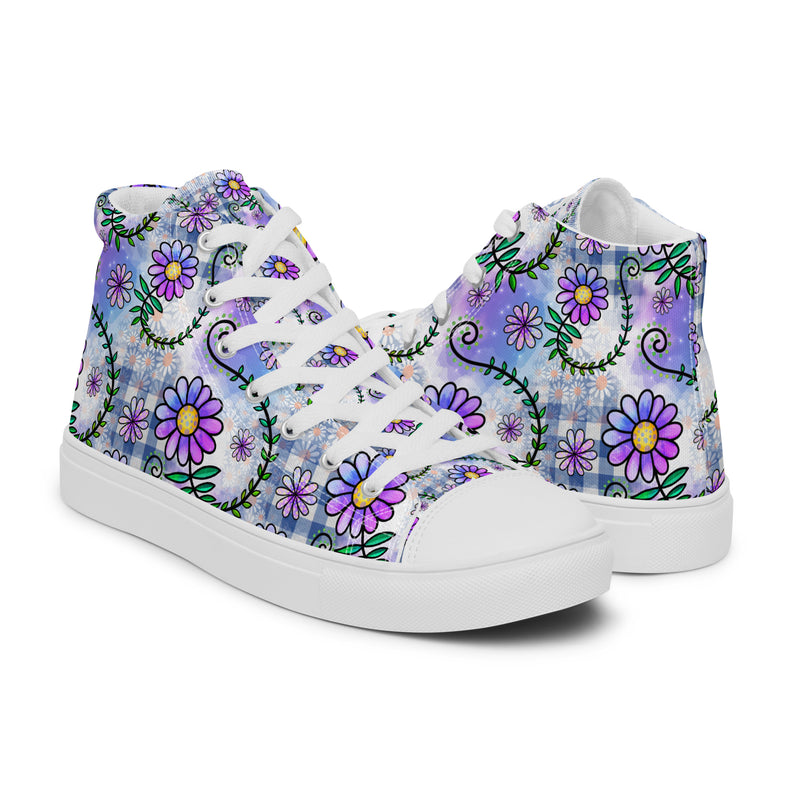 Purple Daisy Doodle High Top #156 - Top Down View | HA!LO Canvas Sneakers