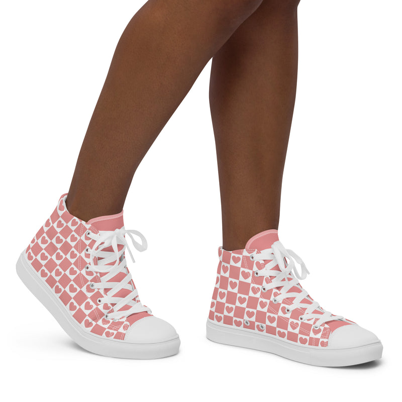 Pink Heart Grid High Top #305 - Opposite Side | HA!LO Canvas Sneakers